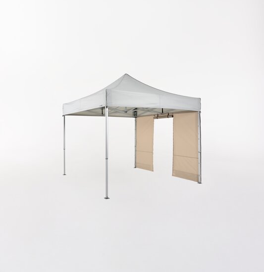 White Ecotent® pop-up gazebo with sidewall made of recycled fabric in Sand colour and door opening.